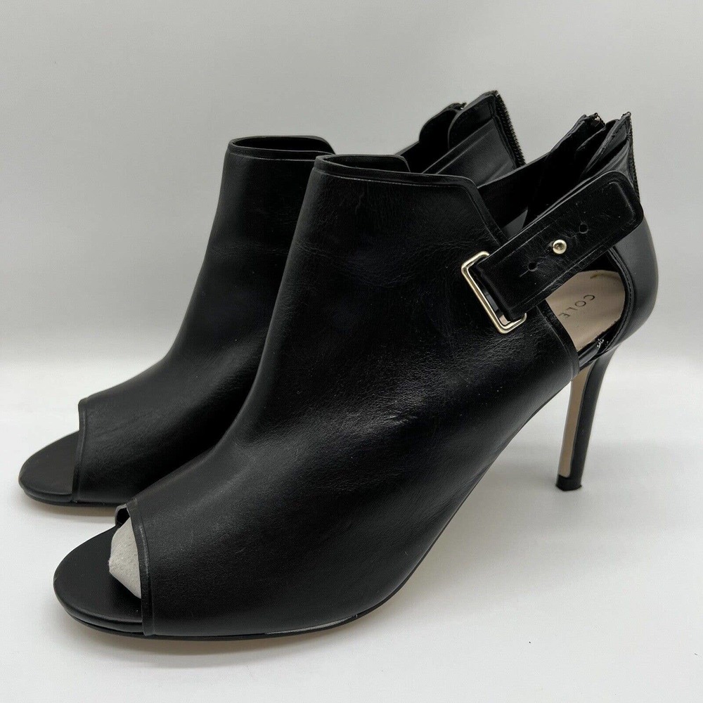 Cole Haan Women Black Open Toe Straps Boot Heels Size 9B Leather